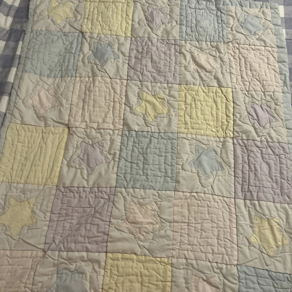 Vintage Handmade Baby Quilt Pastel Patchwork Stars Blanket